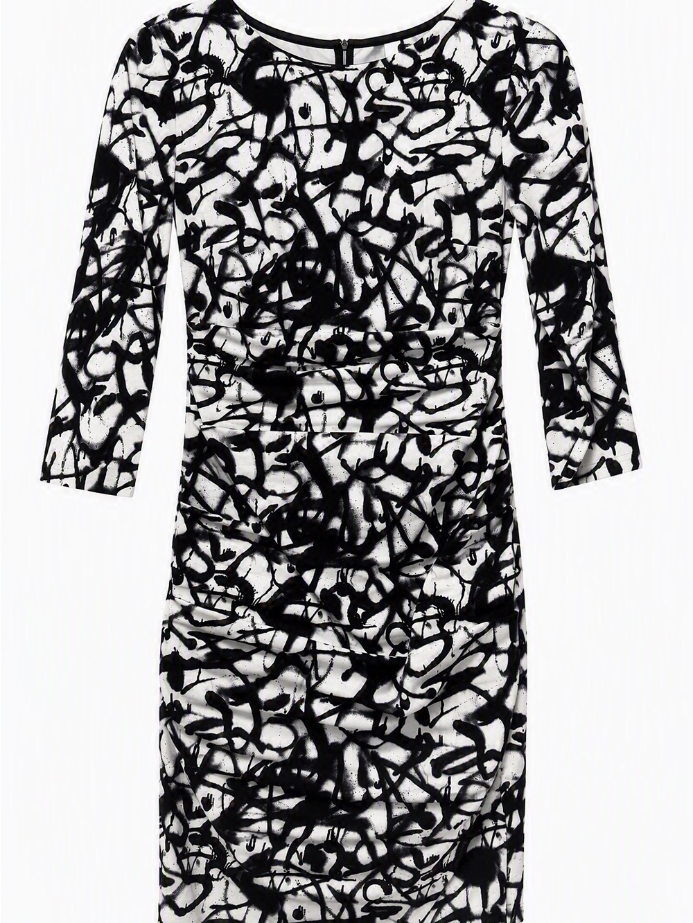 Atelier Nicole Miller Black and White Long Sleeve Ruched Sheath Dress